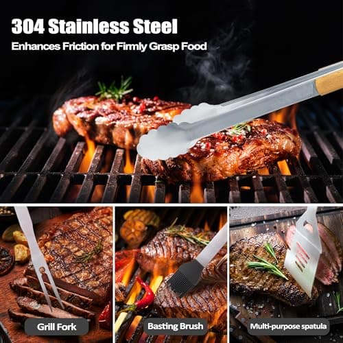 Grandpa Gifts from Grandkids, Fathers Day Grandpa Gift Heavy Duty Wooden BBQ Grilling Accessories Kit for Backyard, Thick Stainless Steel Grill Utensils with Non-Slip Handle Tools in Portable Bag