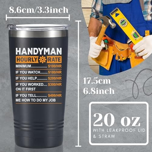 Onebttl Funny Handyman gifts for Men, Handyman Gifts Idea, 20 oz Insulated Stainless Steel Tumbler, Hourly Rate Travel Mug