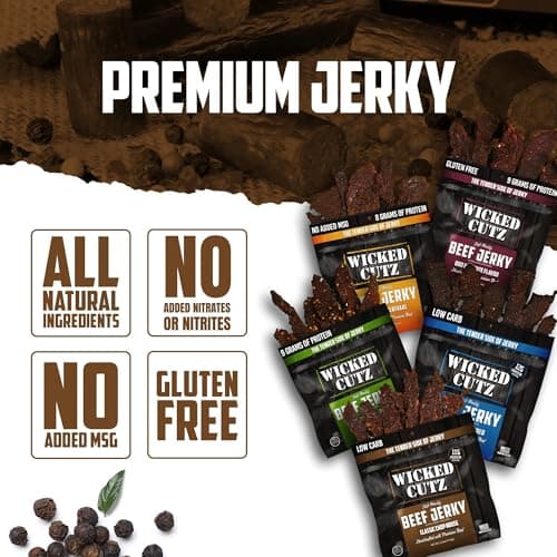 Wicked Cutz Beef Jerky Variety Pack, 5 Flavors & Up to 36g Protein Per Bag, Tender & Easy to Chew Alternative to Beef Sticks, USA Made High Protein Carnivore Snacks (5 Bags, 1 of Each Flavor)