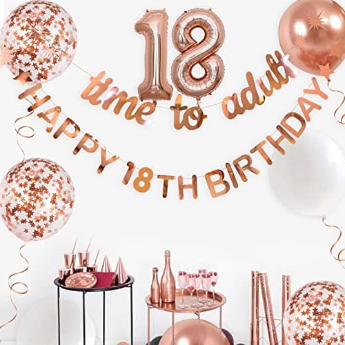 Rose Gold Time to Adult Happy 18th Birthday Banner Garland Foil Balloon 18 for 18th Birthday Decorations Hanging Eighteen Year Old Birthday Party Decor for Men Boys Girls 18 Birthday Party Supplies