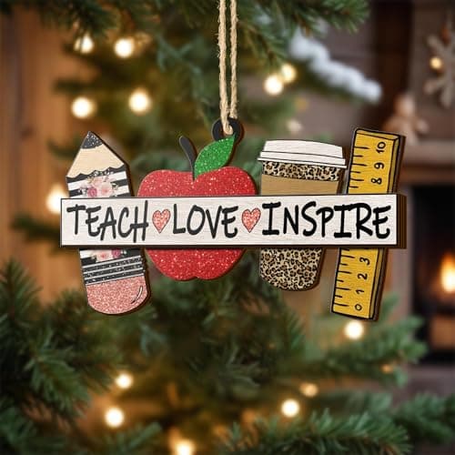 V VIBEPY All Over Printed Teacher Ornament, Teacher Christmas Ornaments Apple Pen Ornaments for Teachers 3.2"x3.5" 2 Layer Ornaments, Gift for Teacher