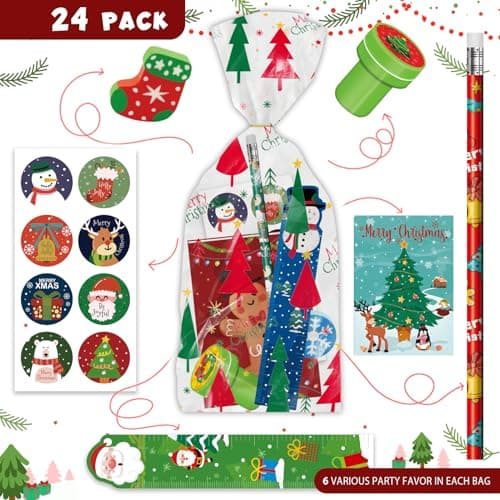 168 PCS Christmas Party Favors for Kids, 24-Pack Christmas Stationery Set for Stocking Stuffers, Christmas-Themed Classroom Gift Exchange Carnival Events Class Reward Gifts and Prizes