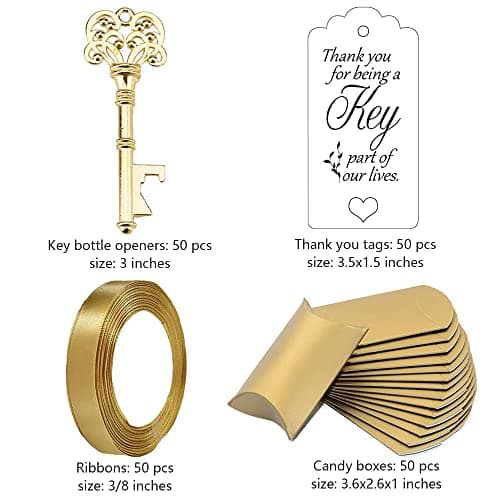 50 Sets Vintage Key Bottle Openers, Wedding Favor Souvenir Gift for Guests with Escort Card Thank You Tag Pillow Box and Satin Ribbon (Gold)