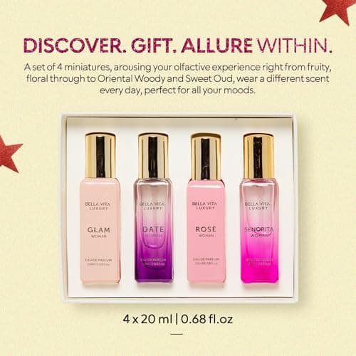 BellaVita Luxury Women's Perfume Gift Set (4x20ml) | Notes of Floral, Sweet, Spicey Red Fruit, Vanilla & Musk | DATE, SENORITA, GLAM & ROSE | French Parfum Collection Gift Set