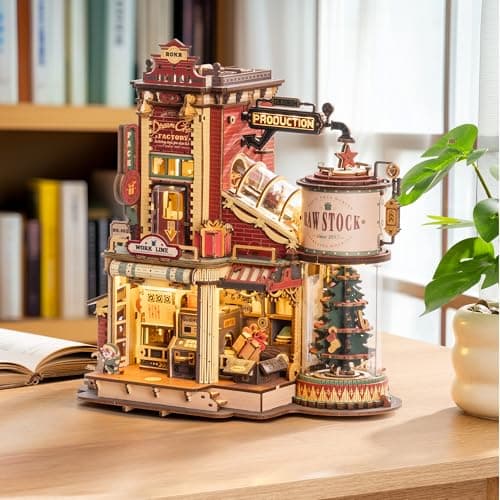 ROKR 3D Puzzle for Adults Christmas Style Dream Gift Factory Wooden Model Kit Luminous Factory DIY Dollhouse Kit Building with Music, Lights and 5 Elves for Teens & Kids