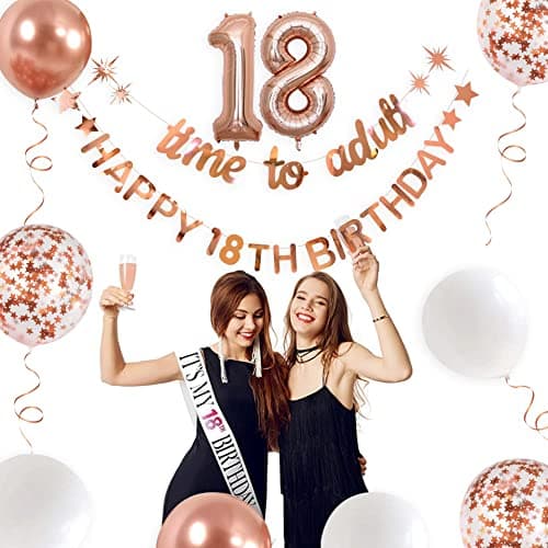 Rose Gold Time to Adult Happy 18th Birthday Banner Garland Foil Balloon 18 for 18th Birthday Decorations Hanging Eighteen Year Old Birthday Party Decor for Men Boys Girls 18 Birthday Party Supplies