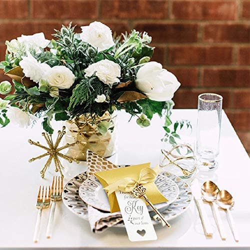 50 Sets Vintage Key Bottle Openers, Wedding Favor Souvenir Gift for Guests with Escort Card Thank You Tag Pillow Box and Satin Ribbon (Gold)
