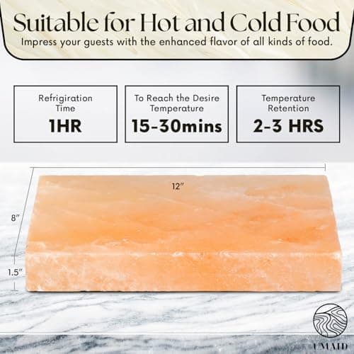 UMAID Himalayan Salt Block For Grilling, Cooking, Cutting and Serving,12X8X1.5 Food Grade Himalayan Pink Salt Stone on Stainless Steel Plate & Recipe Booklet, Unique Gifts for Men, Women, Chef, Cooks