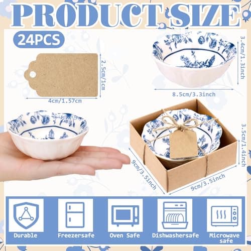 24 Pcs Wedding Favors for Guests Small Ceramic Bowl Bulk Gifts Set 3.3 Inch Floral Design Mini Dipping Bowl Sauce Dish with Cards Box for Bridal Baby Shower Birthday Guest Gift (Blue)
