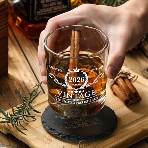 Retirement Gifts for Men Whiskey Glass Set - The Legend Has Retired 2025 - Retirement Party Decorations, Supplies - Gifts Ideas for Him, Dad, Husband, Friends - Wood Box & Whiskey Stones & Coaster