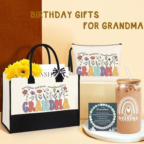 Grandma Gifts for Birthday Tote Bag Grandma Gifts Set from Granddaughter Grandson Grandchildren Grandkids Best Grandma Gifts Basket Tote Bag Makeup Bag 16 Oz Can Glass Bead Bracelet