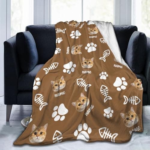 Personalized Cat Face Blanket Throws with Photos, Custom Pet Face Blanket, Cat Gifts for Pet Lovers, Customized Puppy Blanket for Adult Kid Birthday Christmas Fathers Mothers Valentines Gift