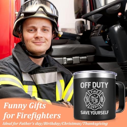 Lifecapido Firefighter Gifts for Men, Off Duty Save Yourself 14 oz Insulated Coffee Mug, Fireman Gifts for Men, Birthday Christmas Gift for Firefighters, Firemen, Boyfriend, Dad, Uncle, Black