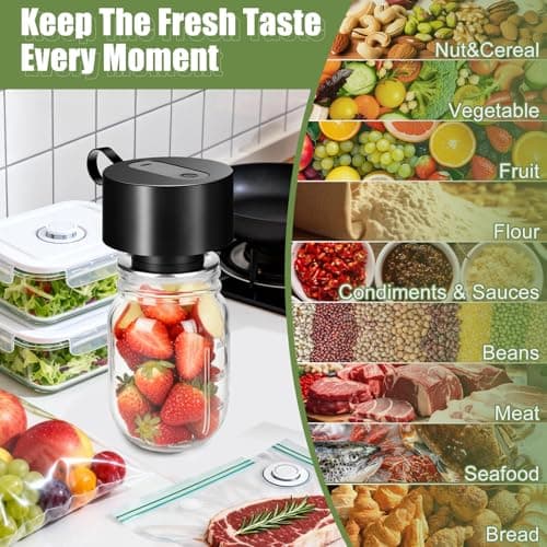 Electric Mason Jar Vacuum Sealer: Upgraded 3-in-1 Portable Vacuum Sealer Kit - for Mason Jars Vacuum Seal Bags & Containers - Ideal for Jams Pickles Dry Foods Grains Black