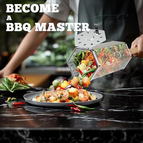 Rolling Grill Basket, Removable Wooden Handle, 304 Stainless Steel, Nesting Grilling Tools, Smoker BBQ Accessories for Vegetable, Outdoor Cooking Camping, Birthday Gifts for Men Dad Husband