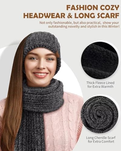 Women Beanie Scarf Gloves Headband Set, Chenille Winter Hats Fleece Lined Ear Warmer Knit Scarf Touchscreen Gloves 4 Gift Set