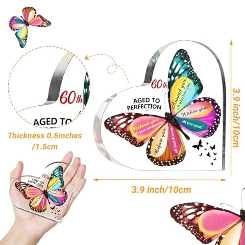 60th Birthday Gifts for Women Men, Acrylic Heart Cake Topper Birthday Decorations Presents, 60 Year Old Bday Gifts for Mom, Aunt, Grandma, Sister, Best Friends, Wife, Her