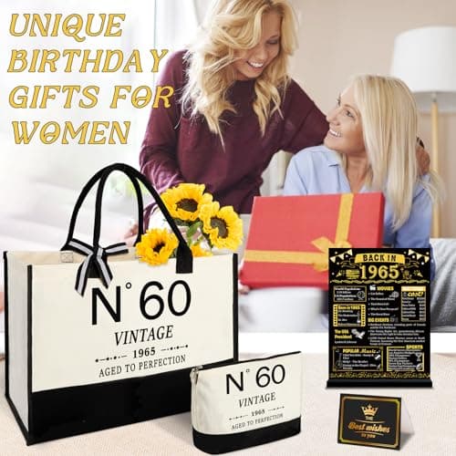 60th Birthday Gifts for Women Canvas Tote Bag Travel Gear, Unique 60 Years Old Gifts for Her Wife Sister Mom Aunt Friends, Vintage N60 Handbag & Cosmetic Bag & Back in 1965 Poster