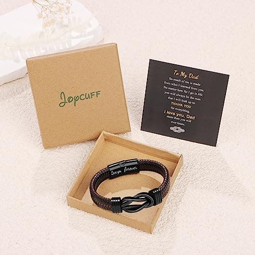 Gift for Men Infinity Bracelet for Men Dad Husband Boyfriend Son Grandson Brother Nephew Uncle Brown Braided Leather Forever Linked Together Stainless Steel Engraved with Love You Forever Jewelry 7.5|8.5|9 Inches