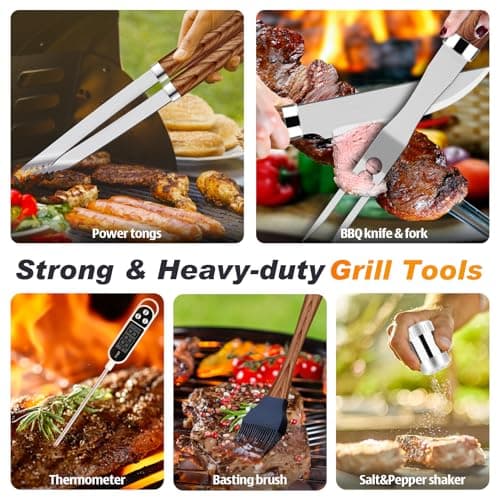 ROMANTICIST 26pcs Stainless Steel Grill Tool Set, Heavy Duty BBQ Grilling Accessories Gifts for Men Dad, Non-Slip Grill Utensils Kit with Apron, Thermometer, Mats in Aluminum Case for Christmas Brown