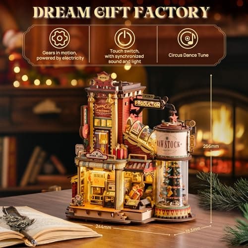 ROKR 3D Puzzle for Adults Christmas Style Dream Gift Factory Wooden Model Kit Luminous Factory DIY Dollhouse Kit Building with Music, Lights and 5 Elves for Teens & Kids