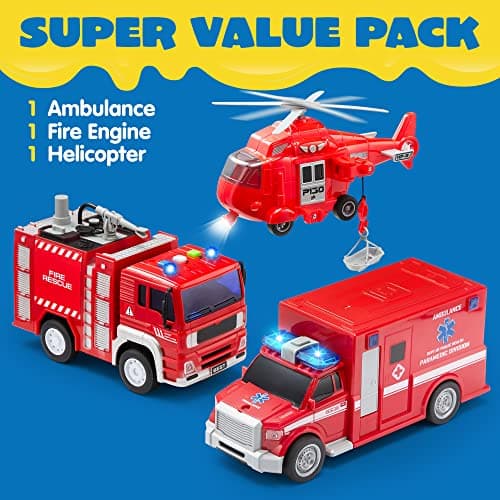 JOYIN Toddler Fire Truck Toys for 3 4 5 6 7 Year Old Boys - Fire Engine, Emergency Vehicle, Kids Firetruck, Friction Powered Car with Lights and Sounds, Christmas Birthday Gifts for Boys Girls Age 3-9