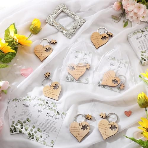 Wedding Favors for Guests Wood Heart Puzzle Keychains Thank You Cards Gift Bag Bridal Shower Souvenir Gifts(50 Sets)