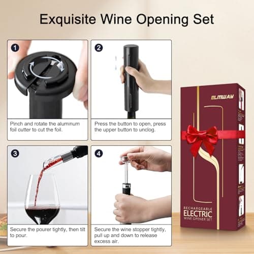 Electric Wine Opener Set by ELMWAY - Rechargeable Wine Bottle Opener & Corkscrew with Foil Cutter / 4 x Vacuum Stoppers/Premium Wine Aerator Pourer, Ideal Wine Gifts for Wine Lovers - Black
