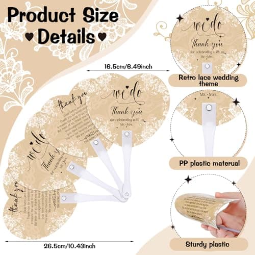 Roowest 101 Pcs Wedding Fans Gifts for Guests 100 Pcs Wedding Hand Plastic Fans and a Table Sign for Bridal Shower Party Favor Appreciation(Wood,Retro Lace)