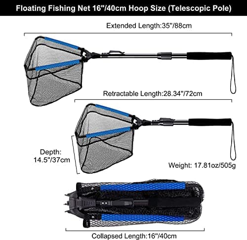PLUSINNO Fishing Net Fish Floating Landing Net, Kayak Nets with Fixed Foldable Telescopic Pole Handle, Bass Trout Fishing Nets with Nylon Mesh for Pond Lake River, Fishing Gear Gifts for Men