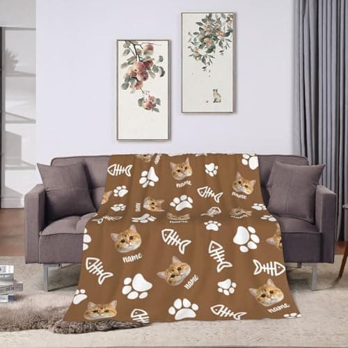 Personalized Cat Face Blanket Throws with Photos, Custom Pet Face Blanket, Cat Gifts for Pet Lovers, Customized Puppy Blanket for Adult Kid Birthday Christmas Fathers Mothers Valentines Gift