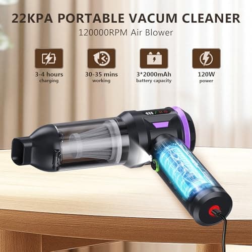 22000PA High Power Cordless Handheld Vacuum & Car Vacuum Cleaner, 4-in-1 Air Duster & Inflator with Brushless Motor, USB-C Charging, LED Light, for Home, Car, Pet, Black Purple