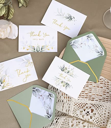 Winoo Design 100 PK Luxurious Gold Thank You Cards with Envelopes Bulk Sage Green - 5x3.5 Inches Wedding Thank You Notes Baby Shower Greenery Bridal Shower Small Business