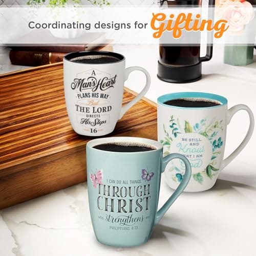 Christian Art Gifts Inspirational Microwave/Dishwasher Safe Ceramic Coffee & Tea Scripture Mug for Women: All Things Through Christ Encouraging Bible Verse, Cute Butterflies, Light Blue/White, 12 oz.