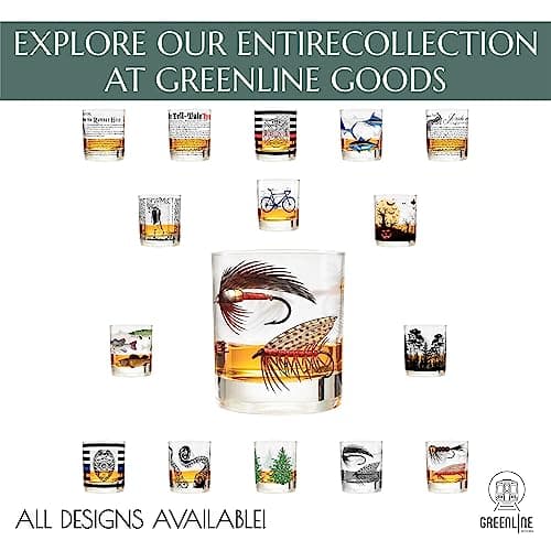 Greenline Goods – Fly Fishing Glass Set for Fisherman and Outdoorsman – Fly Lures Themed 10 oz Whiskey Drinking Glass Set of 2
