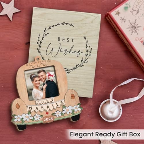 Just Married Personalized Christmas Ornaments - Wedding Gifts for Couples 2025, Bridal Shower Gift for Bride, Custom Wooden Ornaments with Picture, Newly Wed Gifts for The Couple Mr and Mrs Engagement