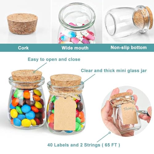 40 Pack Glass Favor Jars with Cork Lid, 3.4 oz Small Glass Bottles for Wedding Favor, Baby Shower, Party Favor, Gift Jars for Candy, Bonus Twine and Labels