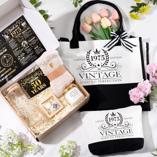 50th Birthday Gifts for Women Her, Cool Gifts for 50 Year Old Woman, Fifty Birthday Canvas Tote Bag Glass Cup Candle Gift Basket Ideas Daughter Mom Sister Friend Wife Coworkers