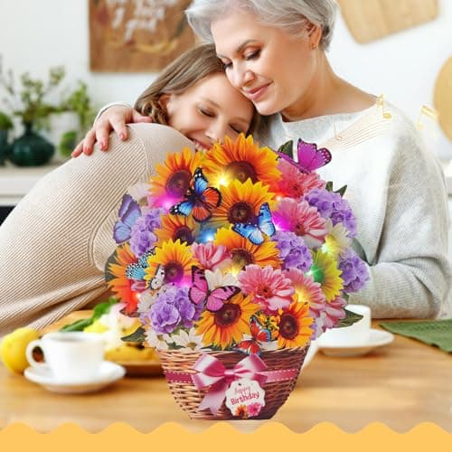 Birthday Cards with MUSIC & LIGHTS, Pop Up Happy Birthday Card, Sunflower & Butterfly, 10 Inch Life Sized Forever Flower Bouquet Gifts for Women Mom Grandma