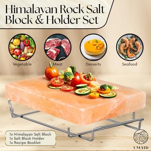 UMAID Himalayan Salt Block For Grilling, Cooking, Cutting and Serving,12X8X1.5 Food Grade Himalayan Pink Salt Stone on Stainless Steel Plate & Recipe Booklet, Unique Gifts for Men, Women, Chef, Cooks