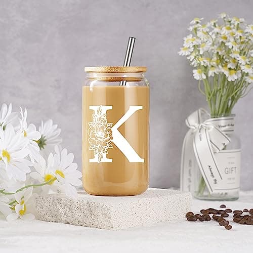 Coolife Initial Glass Cup, Monogrammed Gifts for Women, 16 oz Glass Cups w/Lids Straws, Iced Coffee Smoothie Beer Tumbler w/Straw Lid - Personalized Christmas, Birthday Gifts for Her Mom Friend Woman