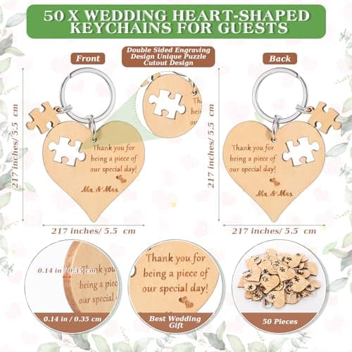 Wedding Favors for Guests Wood Heart Puzzle Keychains Thank You Cards Gift Bag Bridal Shower Souvenir Gifts(50 Sets)