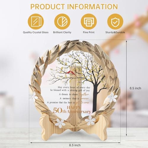 50th Anniversary Wedding Unique Gifts Ideas Crystal Plate with Gold Leaf Wreath - 50th Anniversary Wedding Gifts for Parents Couple - Cardinal Style