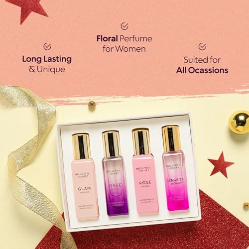 BellaVita Luxury Women's Perfume Gift Set (4x20ml) | Notes of Floral, Sweet, Spicey Red Fruit, Vanilla & Musk | DATE, SENORITA, GLAM & ROSE | French Parfum Collection Gift Set