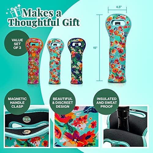 Made Easy Kit Insulated Wine Tote - Neoprene Wine Carrier Bag with Magnetic Handle Clasp - Wine Bottle Protective Travel Bag - Perfect for Gifting Travel or Gift Bag - Set of 3 (Floral Patterns)