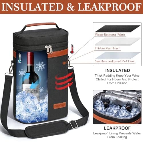 2 Bottle Wine Bag Wine Cooler Carrier Wine Gift Tote Bag, Leakproof & Insulated Bottle Bags for Travel, BYOB, Beach, Dinner, Party, Christmas Gifts for Wines Lovers Women Men - Black