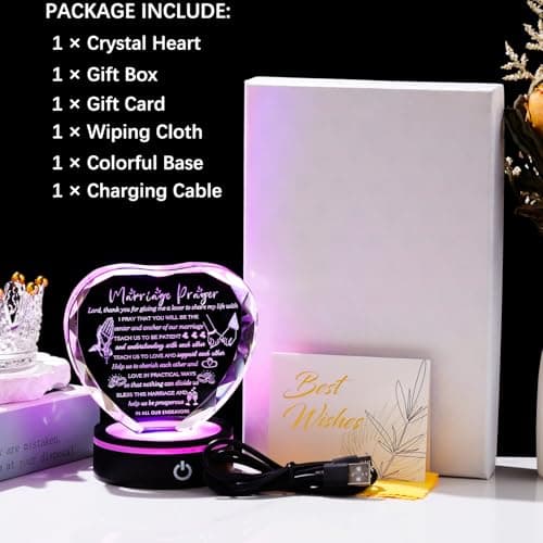 YWHL Wedding Gifts for Couples Crystal Heart Anniversary Marriage Prayer Plaque with Colorful LED Base Wedding Gift with Inspiring Quotes, Unique Newlywed Gifts Mr and Mrs Gifts Bridal Shower Gifts