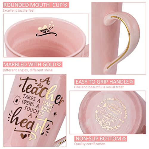 Unique Teacher Appreciation Gifts for Women - Best Teachers Christmas Mug for Teachers from Student, 14Oz Pink Marble Ceramic Gold Print Teacher Cup, Birthday Retirement Graduation, Nice Gift Boxed