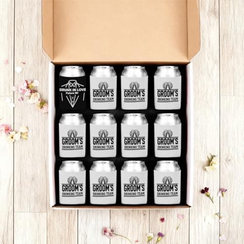 12pcs Beer Can Cooler Sleeves Bachelor Party Favors Bride And Groom Gifts Suit Dress Can Cooler Insulated Sleeves Decorations for Wedding Eve Gift for Men Groom Groomsman