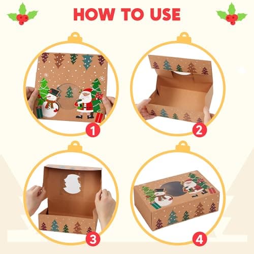 JOYIN 12PCS Christmas Cookie Boxes for Gift Giving, 8.75" x 5.75" x 2.75" Xmas Holiday Bakery Treat Boxes with Window, Kraft Cookie Tin Container Box for Baked Goods, Cupcake, Pastry, Candy, Doughnut